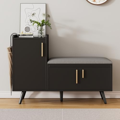 vutizal Scarpiera con vano portaoggetti e 3 ante – Panca imbottita con ripiani regolabili – Panca baule per corridoio e soggiorno, colore nero, 100 x 34 x 69 cm (larghezza x profondità x altezza)