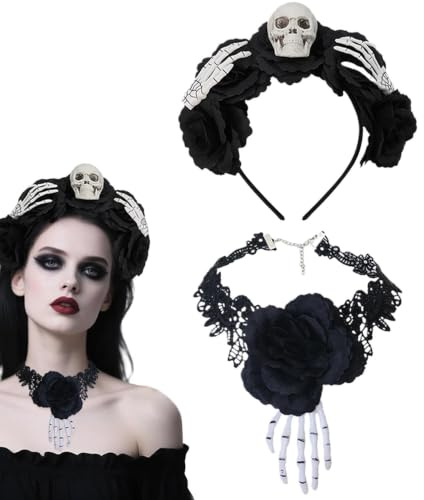 Collier Ras-de-cou Gothique Choker Bandeau Noir Vintage Horreur avec | Set Serre-Tête Et Collier Vampire Déguisement pour Fêtes Soirées Cosplay Jeux de Rôle et