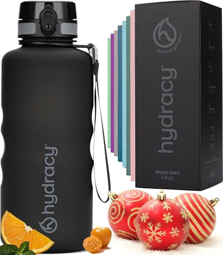 Hydracy Water Bottle with Time Marker -Large Half Gallon 64 oz BPA Free Bottle & No Sweat Sleeve -Leak Proof Gym Bottle with Fruit Infuser Strainer & Times to Drink -Ideal for Sports & Outdoors
