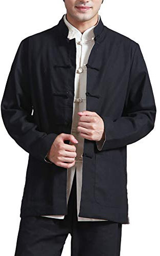 Herren Reversibel Beide Seiten Mantel Jacke Tang-Anzug Chinesisch Traditionell Lange Ärmel Kampfkunst Kung FU Hemd Leinen Damen (Schwarz, 4XL)