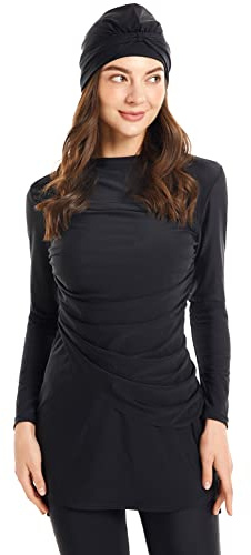 OBEEII Womens Muslim Swimsuits Full Coverage Long Sleeve Swimwear Burkini Hijab Bathing Suit Black B Large