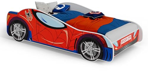 KOBI Lit de Voiture pour Enfant | Spider Car | 70 x 140 cm | Multicolore | Thème Spiderman Super-héros | Enfants Garcon Fille | avec Sommier et Matelas | Cabane avec Barriere