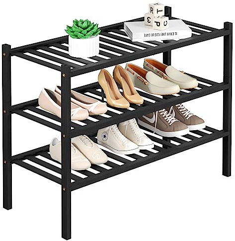 ROMGUAR CRAFT 3 Tier Bamboo Shoe Rack for Closet Free Standing Wood Shoe Shelf Storage Organizer for Entryway Small Space Stackable 27x11x20 (Black)