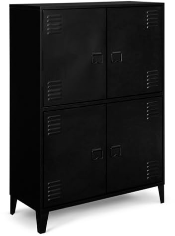 IDMarket - Armoire Basse Ester 4 Portes métal Noir Design Industriel