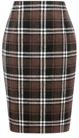 Kinghua Womens Wool Plaid Pencil Skirt Autumn Winter High Waist Slit Bodycon Knee Length Midi Skirt, Coffee, M