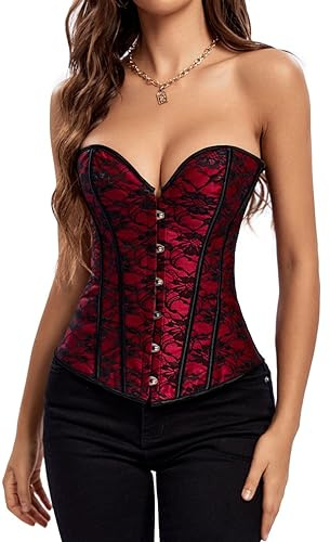 Kelvry Women's Gothic Lace up Boned Overbust Bustier Brocade Basque Corset Lingerie Plus Size 6-24