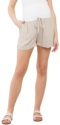 Womens Over The Belly Linen Drawstring Maternity Shorts with Pockets, Large, Oatmeal
