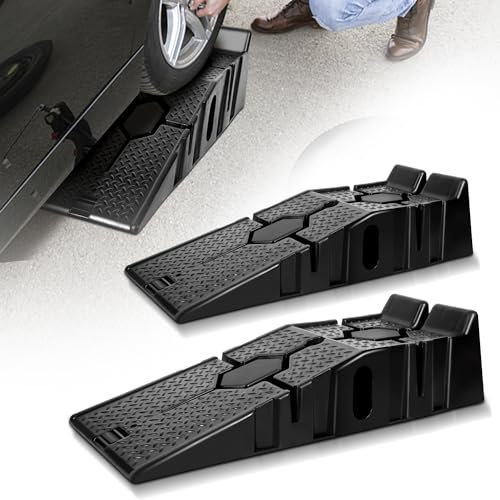 Fiqops 2X Kunststoff Auffahrrampe 90cm, Schwerlast Rampe bis 2500 kg/2.5T, Auffahrrampe pkw Breite bis 330 mm, Auto Rampe mit Überfahrschutz, Auto Auffahrrampe Für PKW Wohnwagen, 90 * 33 * 22cm