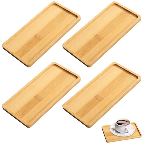 Holztablett Rechteckig, 4 Stück Dekotablett, Tablett Holz, Bambus Klein Serviertablett für Untersetzer Tee Brot Dessert Kaffee Kuchen
