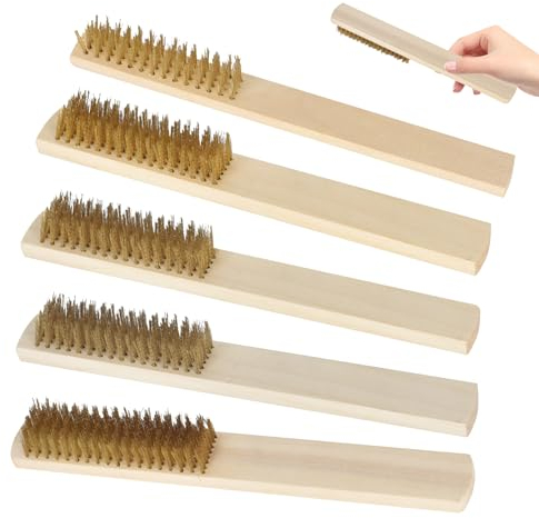 5 Piezas Cepillos de Alambre Con Mango, Cepillo Metálico con Alambre Ondulado Latón, Cepillo del Rasguño del Alambre, Cepillo Mango de Madera para Limpieza/Decapado/Pintura/Óxido/Abrasivo