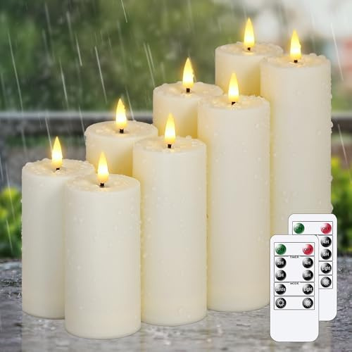 Zevanor Velas LED de pilar sin llama impermeables de 5,5cm x 10 10 12,5 12,5 15 15 17,5 17,5cm con mando a distancia y temporizador, Marfil de plástico a pilas Pack de 8 parpadeantes para exterior