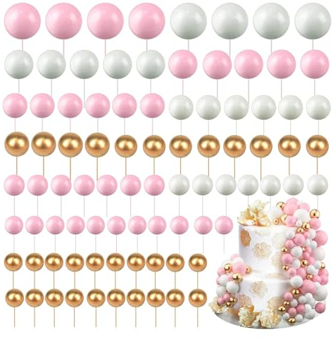 xolear 108 Piezas Bolas Decoracion Tarta, Adornos de Bolas para Pasteles, DIY Cumpleaños Cake Topper, Mini Decoracion Tarta para Bodas Cake de Cumpleaños Aniversarios (Rosa/Blanco/Dorado)