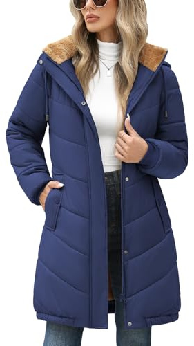Yuson Girl Giubbotto Donna Invernale Foderato Giacca Trapuntata con Cappuccio Leggero Caldo Cappotto in Pile Media Lugghezza Antivento Giacche Parka con Zip e Tasche(Blu navy, S)