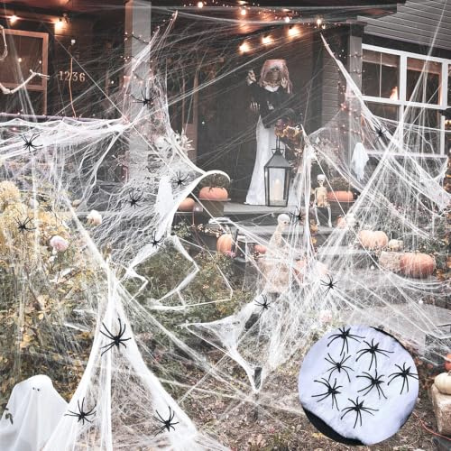 Ragnatela decorativa per Halloween, 200 g, ragnatela espandibile e 50 artificiali, decorazione per Halloween, per finestre e camini, casa infestata e accessori per feste, atmosfera audace per la