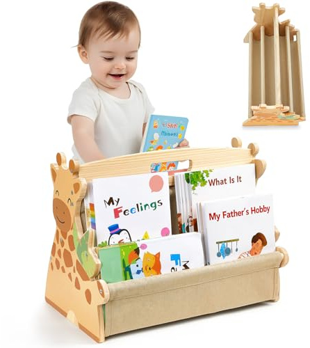 MHJY Estantería Libros Infantil Madera - Librería Montessori Doble Cara con Bolsillos de Tela, Organizador Juguetes Portátil con Asa, Mueble Almacenaje para Habitación Niño y Guardería