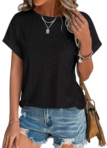 Cuptacc Camiseta Mujer Blusa Mujer Verano Elegante 2025 Moda Bordado Encaje Top Manga Corta Top Casual Túnica Casual