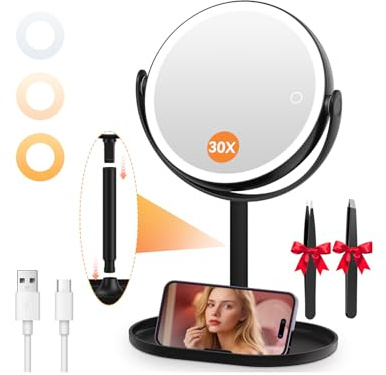 Auxmir Espejo Maquillaje con Luz 1X/30X Aumento Recargable 2000mAh de Mesa