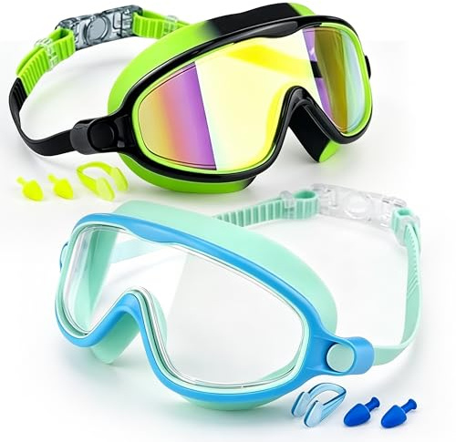 2 Pack Kids Swimming Goggles for Age 4-14 with Earplugs and Nose Cips | Large Frame Anti-Fog Anti-UV Electroplating 180° HD Wide View Swimming Goggles, No Leak Fit, Comfort Fabric Strap