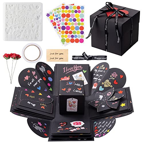 int!rend Geschenkbox Überraschungsbox - DIY Explosionsbox - 12 Fotokarten 5 Themen Schablonen 3 Marker Sticker und Schleife - Fotobox Geschenk Box zum Geburtstag