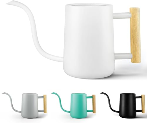35 oz Metal Small Indoor Watering Can with Long Spout & Real Wood Handle for House Plants, Succulents, Cacti & Seedlings - White Long Spout Watering Can Indoor Plants - Stylish, Gentle Flow, No Spills