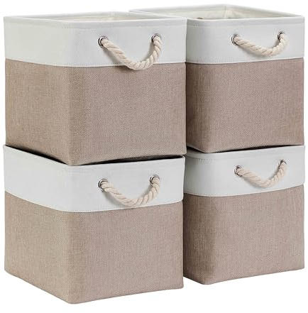Mangata Set di 4 Scatole per Armadio,Cesto portaoggetti Tessuto, Cestino portaoggetti con Corde, 33 x 33 x 33 cm, per Guardaroba, Armadio, Scaffali (Pieghevole, Bianco Kaki Chiaro)