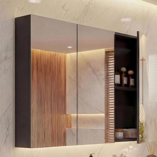 Mendler Spiegelschrank HWC-B19b, Badschrank Hängeschrank, 6 Regalböden Hochglanz FSC®-Zertifiziert 70x80x16cm - schwarz