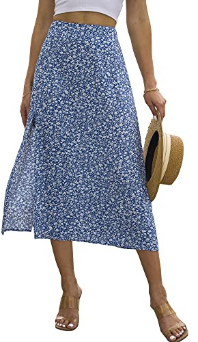 NENONA Womens Summer High Waisted Flowy Slit Midi Skirts Casual Lightweight Boho Floral Beach Skirt(Blue-L)
