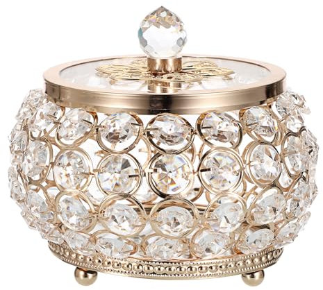 TOLIDA Large Crystal Glass Jewelry Box - Drum-shaped Trinket Storage Organizer Gift Case with Lid, Keepsake Jar For Earrings Rings Jewelry Treasure Trinkets (Gold)