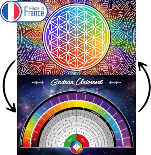 Flor de la vida recarga las piedras (Recto) y esfera de radiestesia universal (Verso): escala de bovis, alfabeto, números, tamaño A4 – 1 tabla única laminada e impresa en Francia