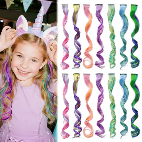 MYKURS Colored Hair Extensions for Kids, Curly Hair Extensions Clip ins, Little Girl Hairpieces for Birthday Party, Festival, Goodie Bags, 14 PCS