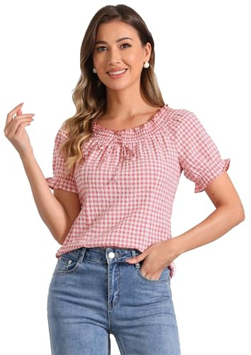 Allegra K Gingham Plaid Blouse for Women Peasant Round Neck Ruffles Puff Sleeve Top Pink M