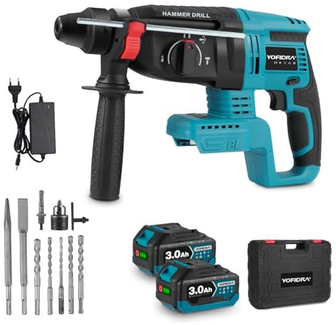 Yofidra Martillo Perforador a Batería, Martillo Percutor, Funciones 4 en 1, 2 * 3000mAh Batería, Velocidad Variable 0-1000RPM, 4800 BPM, Adecuado para Hormigón, Mampostería, Paredes