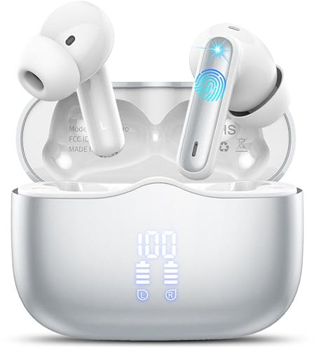 Auriculares Inalámbricos Bluetooth, Auriculares Bluetooth 5.3 con 40H HiFi Estéreo, 4 Mic, Reducción de Ruido, IP7 Impermeable cascos inalambricos con Pantalla LED, Carga Rápida, Ajuste Cómodo, Plata