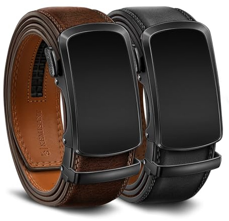 KEMISANT Cinturón Hombre 2 Piezas, Cinturones Hombre Cuero Hebilla Trinquete Automática,35MM Tamaño Ajustable para Pantalones Traje Vestir