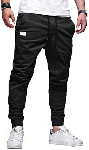 PADOLA Pantalon Cargo Homme Coton Pantalons de Travail Taille Elastique Chino Pantalon avec Multipoches Slim Fit Jogging Pantacourt Cordon de Serrage Uni Pantalons (0 Noir, XXL)