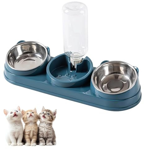 Set di ciotole per gatti 3 in 1 e ciotole per acqua, ciotola per gatti in acciaio inox, inclinabile a 15°, doppia ciotola per gatti con distributore automatico di acqua per animali domestici, ciotola