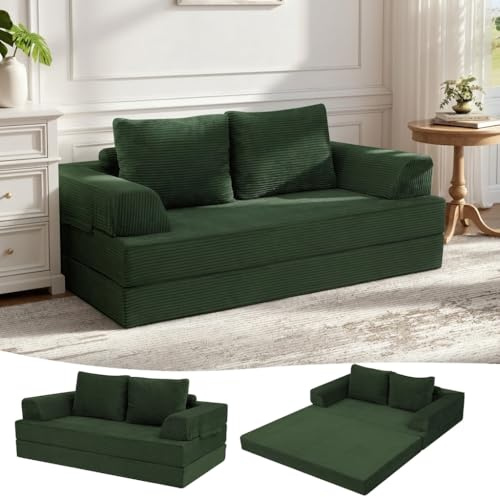 MeMoreCool Boneless Divano Letto in velluto a coste - Divano letto convertibile Futon con cuscino, comodo materasso in schiuma, versatile lounge cloud divano per soggiorno e camera da letto, verde