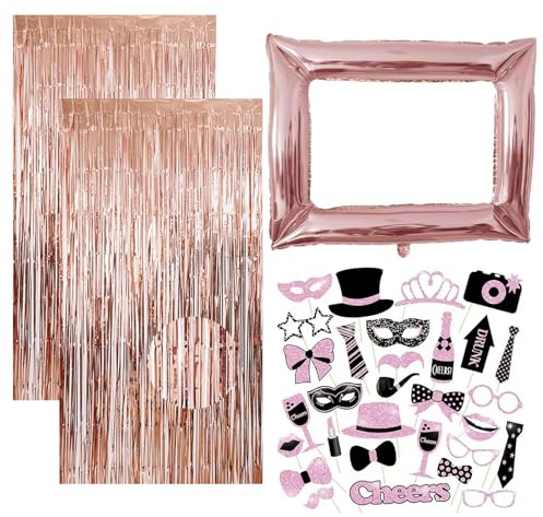 33 Pezzi Photo Booth Accessori Fotografici per Feste Con 30 Oggetti 2 Tende Glitterate E Una Cornice Gonfiabile per Foto Ideale per Decorazioni Di Compleanno Festa Della Mamma E Feste