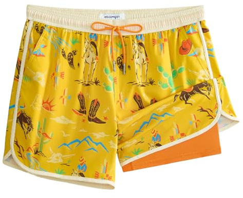 MaaMgic Costume da bagno corto da uomo, stile retrò, vintage, con compressione, pantaloni interni 2 in 1, ad asciugatura rapida, 4 vie, elastico e coulisse regolabile