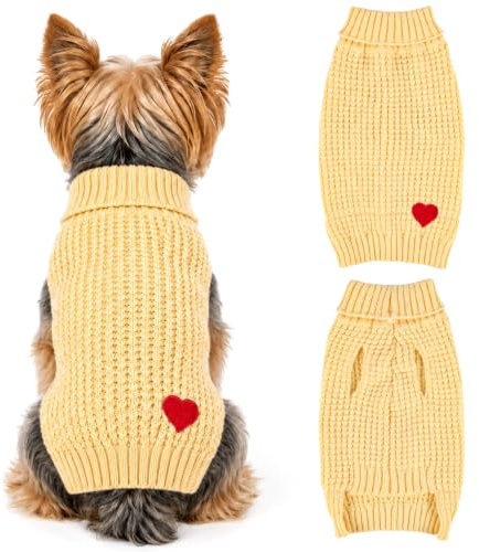 Winmany Dog Sweater for Small Dogs Puppy Solid Color Heart Jumper Chihuahua Yorkie Turtleneck Pullover Clothes Fall Winter Knitwear Outfits (Yellow, XL)