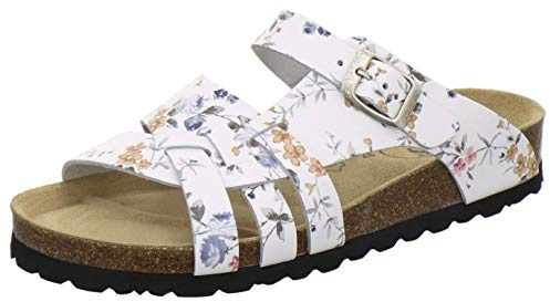AFS-Schuhe 2122 Damen Pantoletten aus echtem Leder, hochwertige Hausschuhe für Frauen mit Eva-Sohle, Made in Germany (43 EU, weiß Flower)