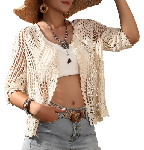 Cárdigan de encaje para mujer, diseño floral, crochet, transparente, para playa, kimono largo con media manga, beige-a, talla única