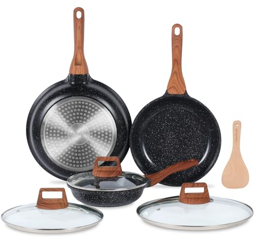 ESLITE LIFE Nonstick Ceramic Frying Pans Skillets Set with Lids, Non-Toxic Egg Omelette Kitchen Cooking Pans Compatible with All Stovetops (Gas, Electric & Induction), PTFE & PFOA Free (Black)