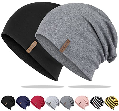 HAMUNI Mütze Damen Herren, Slouch Beanie, Weich Dünne aus Baumwolle, Longbeanie, Jersey Chemo, Elastisch Laufmütze für Alle Jahreszeiten, Einheitsgröße, Schwarz+Dunkelgrau