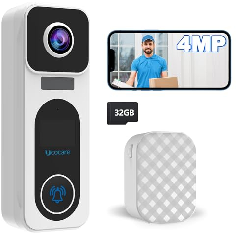 UCOCARE Timbre Inalámbrico con Cámara Exterior Impermeable, 4MP QHD WiFi Videoportero Timbre, Tarjeta de Memoria de 32 GB Incluida, Sin Tarifa de Suscripción Mensual, Detección Humana,Visión Nocturna