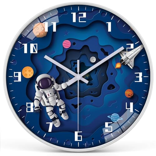 QINFIEY 12 Inch Silent Movement Kids Wall Clock, Non Ticking Children Round Wall Clock Battery Operated Space Travel Style Decor Children Clock for Home School Boys Bedroom Living Room