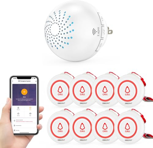 SINGCALL Tuya WiFi Wireless Caregiver Pager Calling System SOS Emergency Home Caring for Old People Patients Children 8 Transmitters 1 Plugin Receiver (only Supports 2.4GHz Wi-Fi)