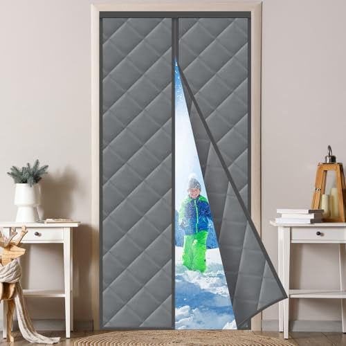 Rideau Thermique Magnétique pour Portes 105x210cm, Rideau Thermique pour Porte, Étanche, Coupe-Vent, Pas de perçage nécessaire,pour intérieur/extérieur/Cave-Gris Foncé