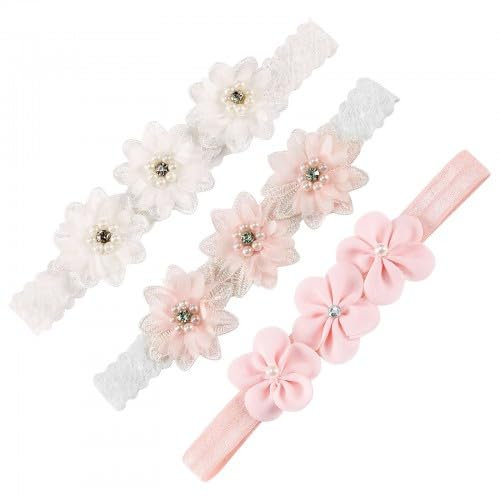 Amexo 3 Stück Baby Stirnband Blumen, Baby Mädchen Stirnbänder Haarband Baby Taufe Perle Blumen Haarband mit Elastisches Blumen für Party Taufe Hochzeit Familienfoto Babys Mädchen Geschenk Fotografie