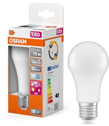 OSRAM Lampada LED Star Classic A 75, 10W, 62mA, risparmio energetico, spegnimento automatico, luce immediata al 100%, nessun tempo di riscaldamento, accensione automatica al buio